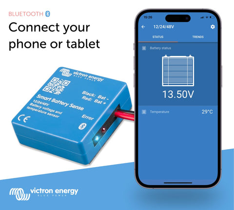 Victron Energy Smart Battery Sense wireless-communication enables data sharing with multiple chargers.