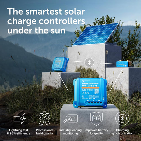 Victron Energy SmartSolar MPPT connected to solar panels for efficient energy harvesting.
