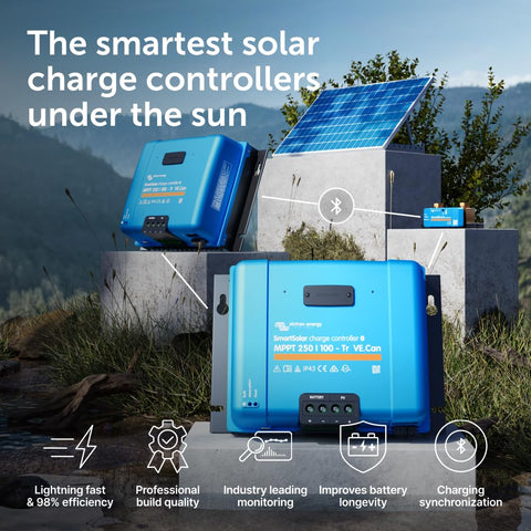 Victron Energy SmartSolar Bluetooth setup enables quick monitoring and control.