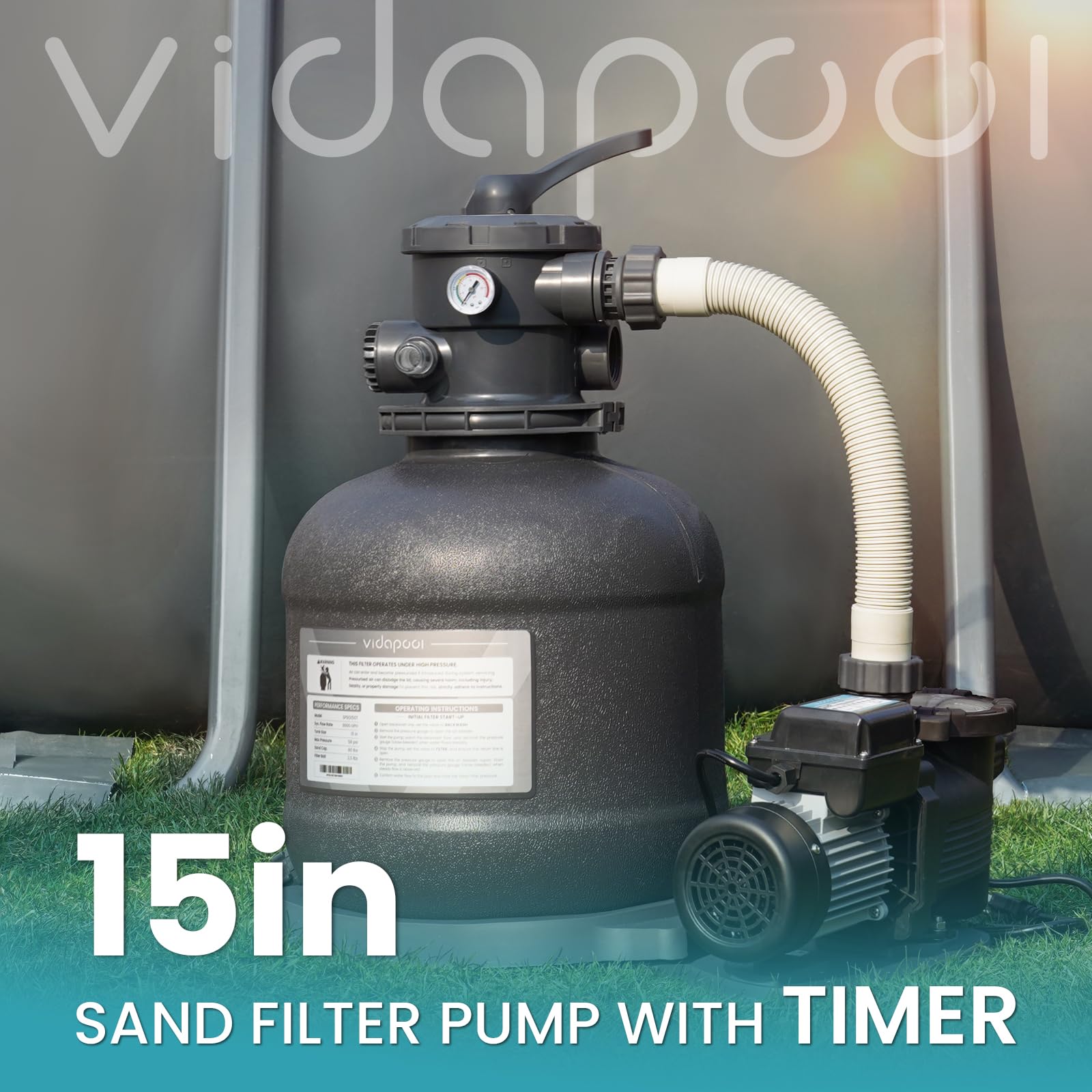 Vidapool pool pump timer display demonstrates programmable cycles to optimize circulation.