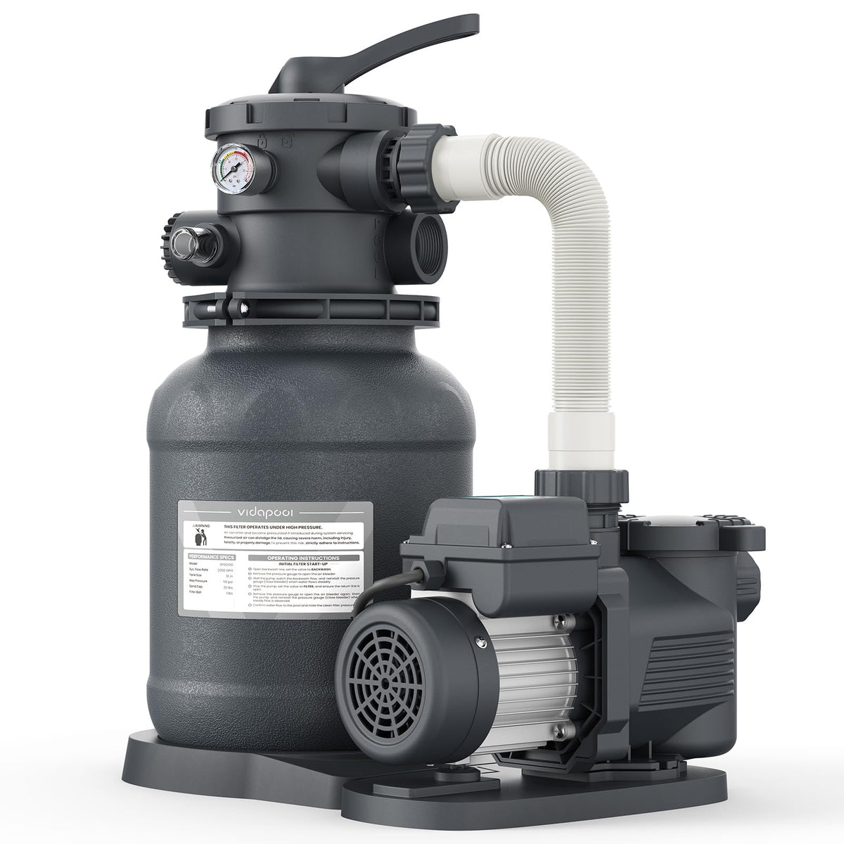 Vidapool sand filter pump for above-ground pool demonstrates powerful filtration for up to 11,000 gallons