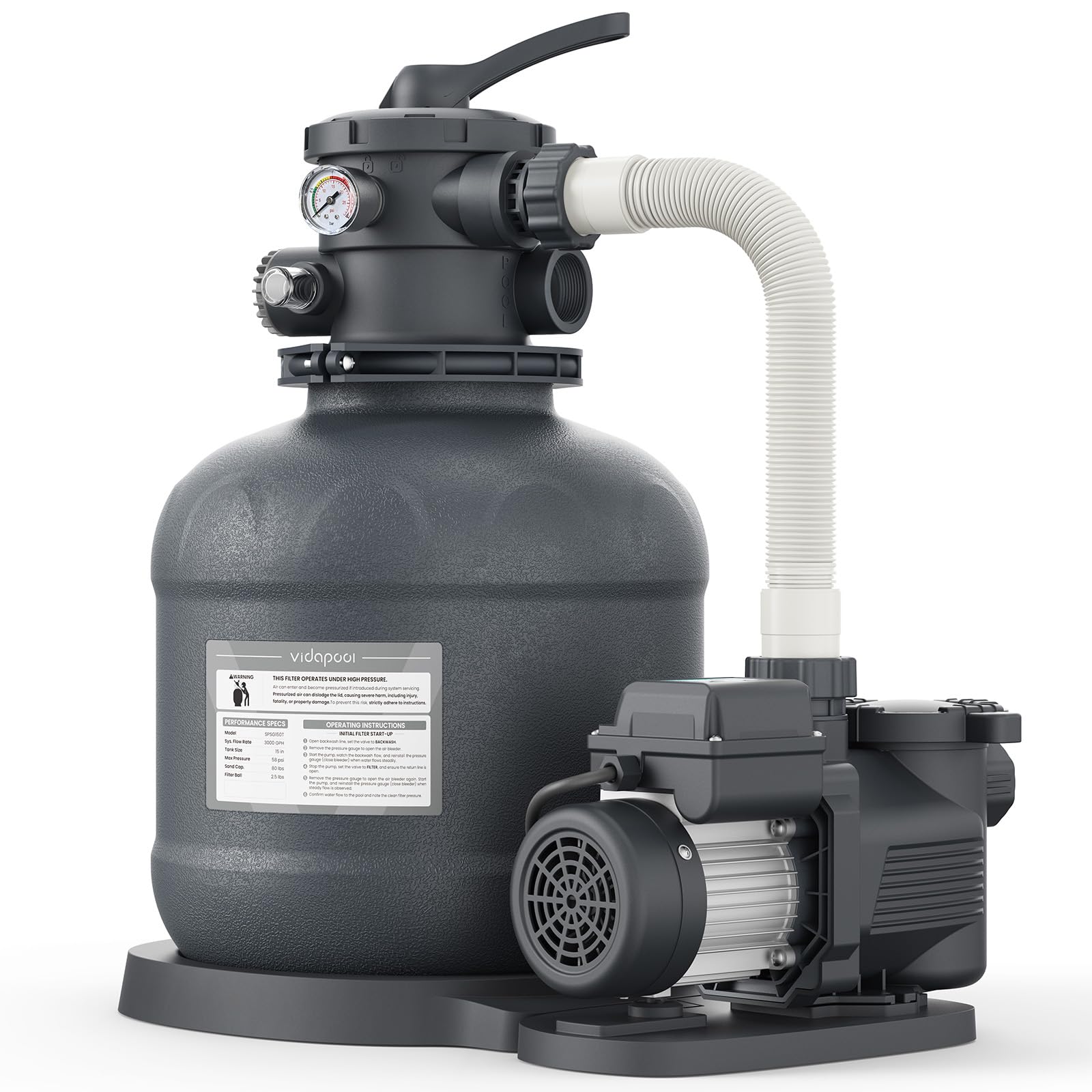 Vidapool sand filter pump assembly shows durable construction for reliable above-ground pool filtration.