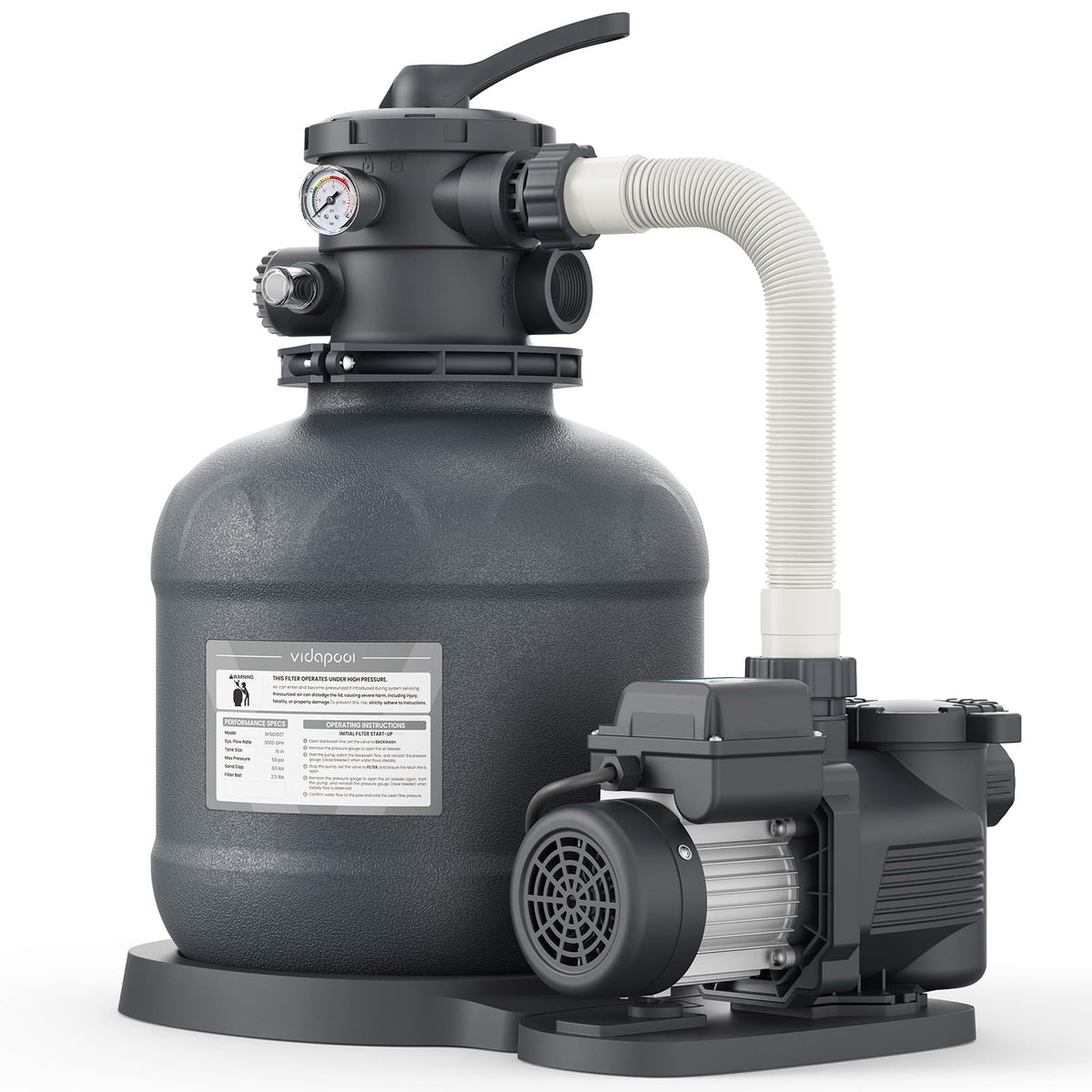 Vidapool sand filter pump assembly shows durable construction for reliable above-ground pool filtration.