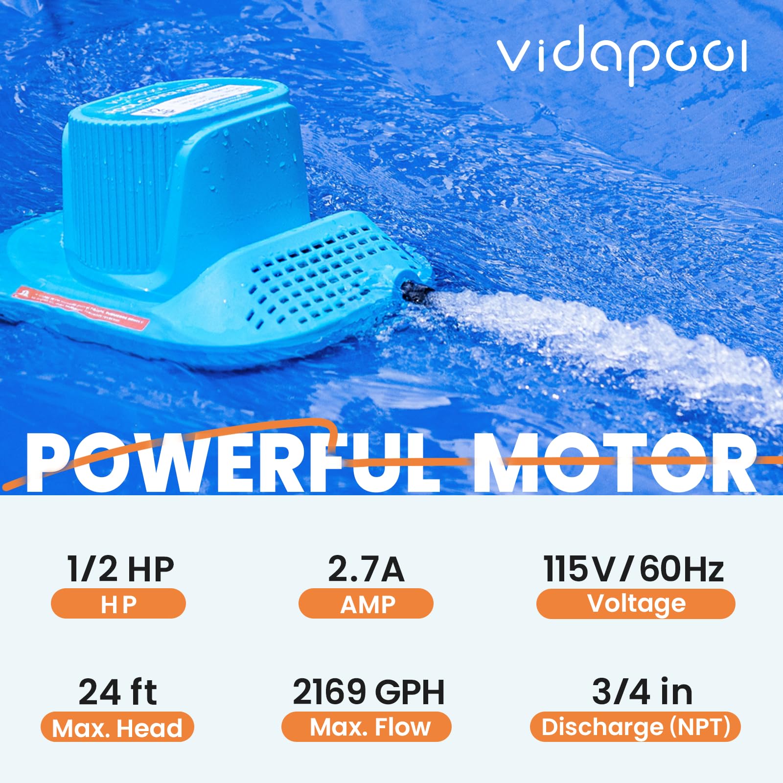 Vidapool submersible sump pump for inground and above-ground pools.