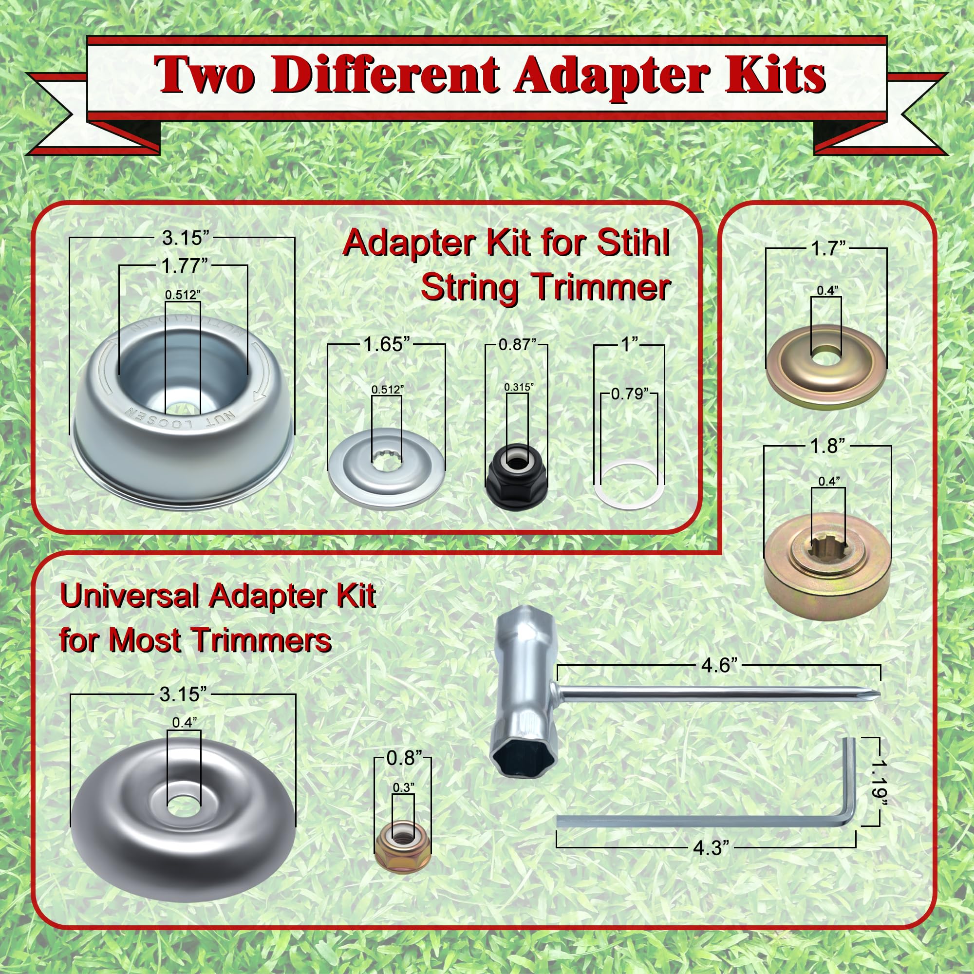 Vidica universal adapter kit enabling wide compatibility with most straight shaft trimmers