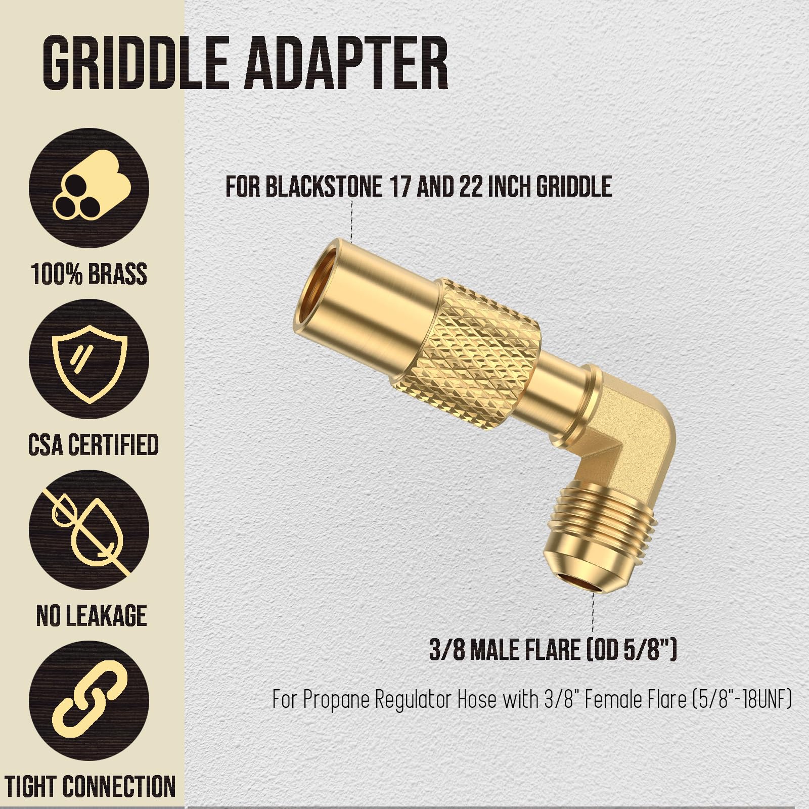Elbow adapter aligns with 12x14 inch Blackstone tabletop griddles for easy setup