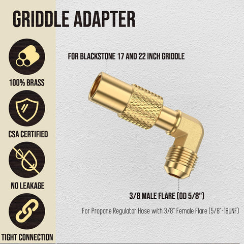 Elbow adapter aligns with 12x14 inch Blackstone tabletop griddles for easy setup