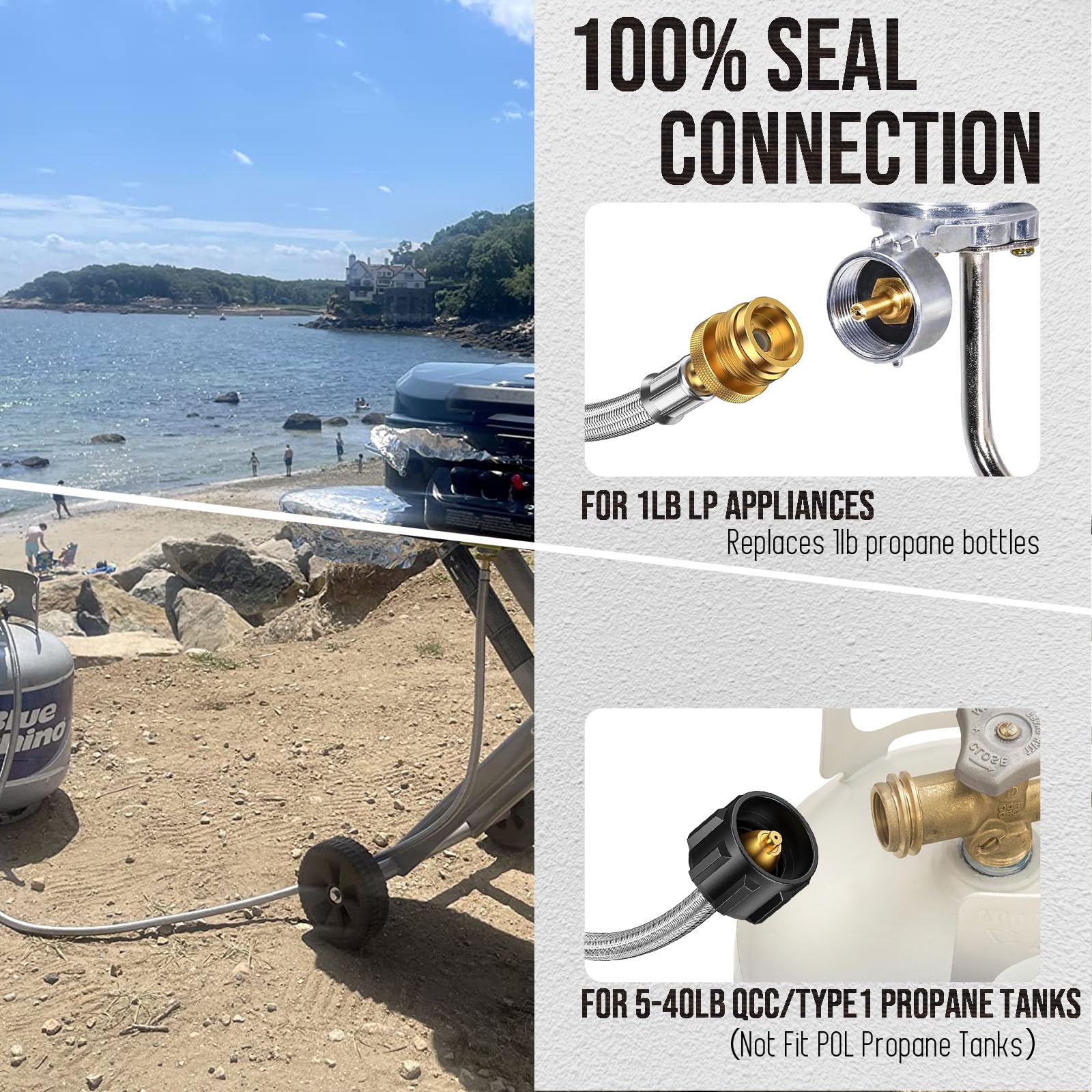Durable brass and braided steel construction supports reliable outdoor propane use.