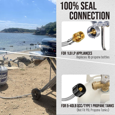 Durable brass and braided steel construction supports reliable outdoor propane use.