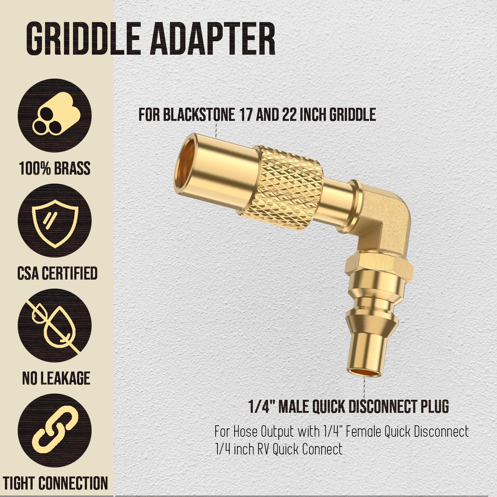 VIEAUBE brass elbow adapter connects Blackstone 17-22 inch griddles to propane