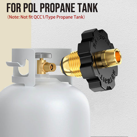 VIEAUBE brass propane adapter closeup shows sturdy construction and threading.