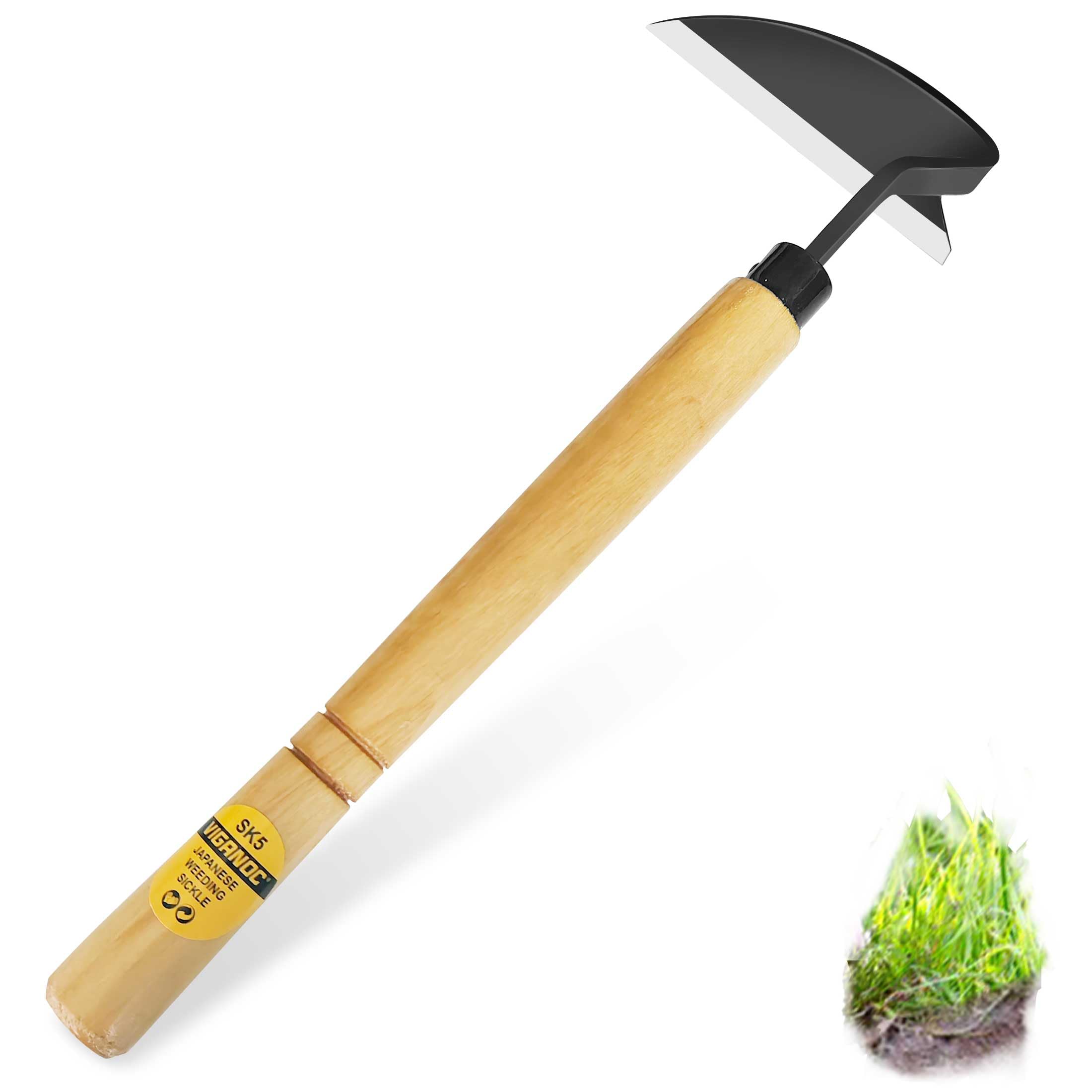 Viganoc Japanese wide-blade garden tool for fast weed cutting in tight spaces.