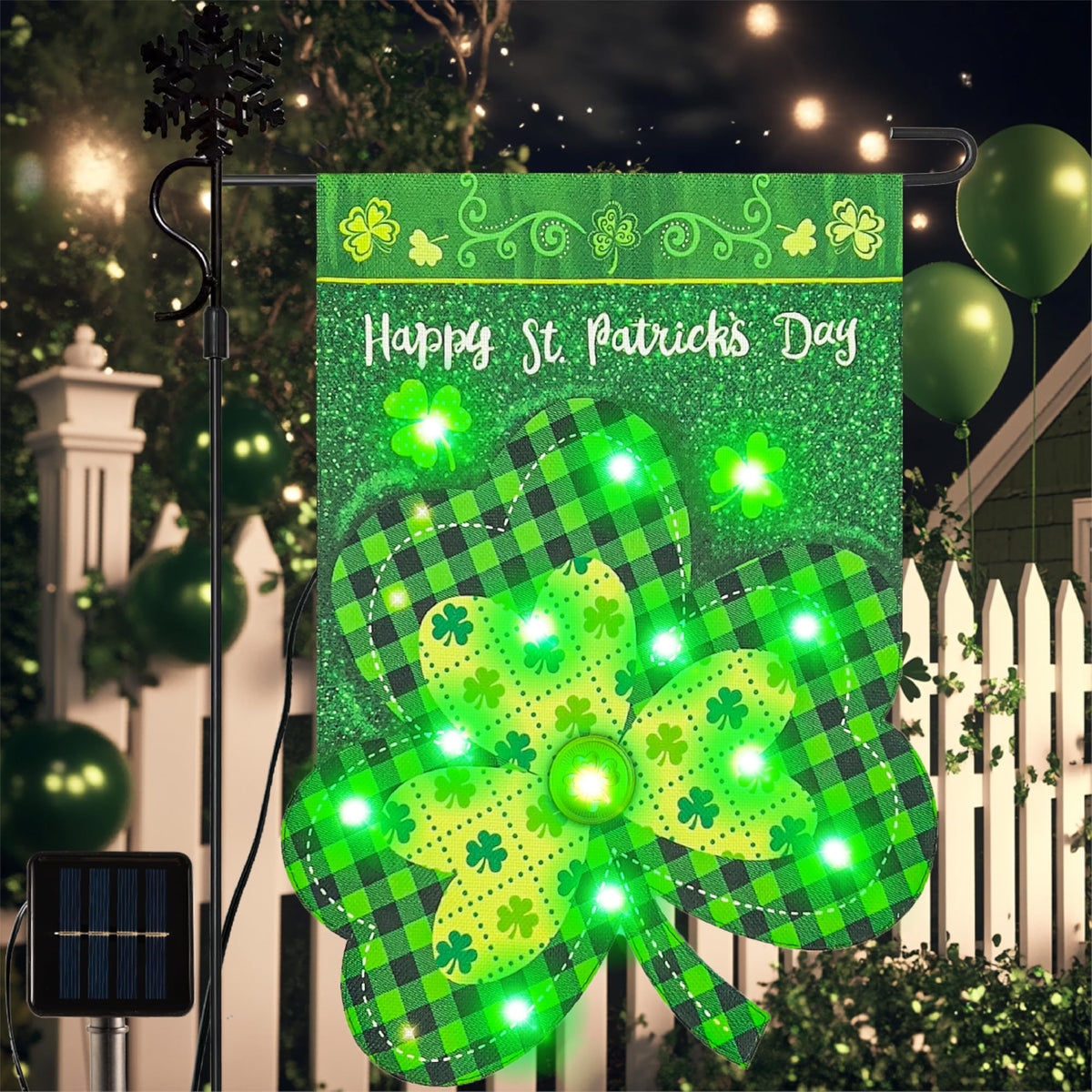 Vigor Home St Patrick's Day flag lit at dusk with solar-powered LEDs for bright outdoor ambience
