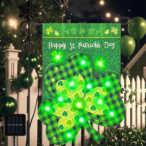 Vigor Home St Patrick's Day flag lit at dusk with solar-powered LEDs for bright outdoor ambience