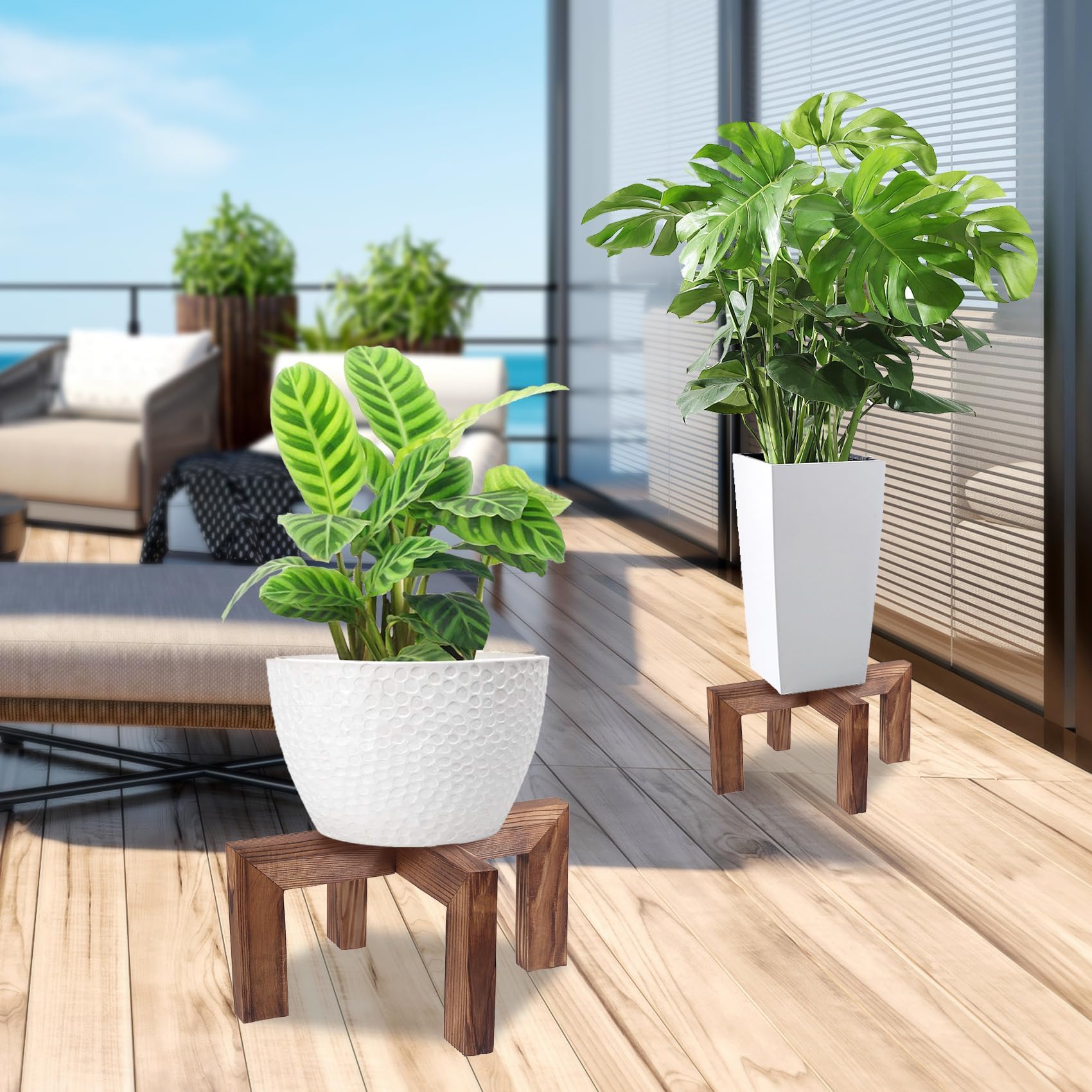 Outdoor balcony scene with Vigordream stand ready for garden pots.