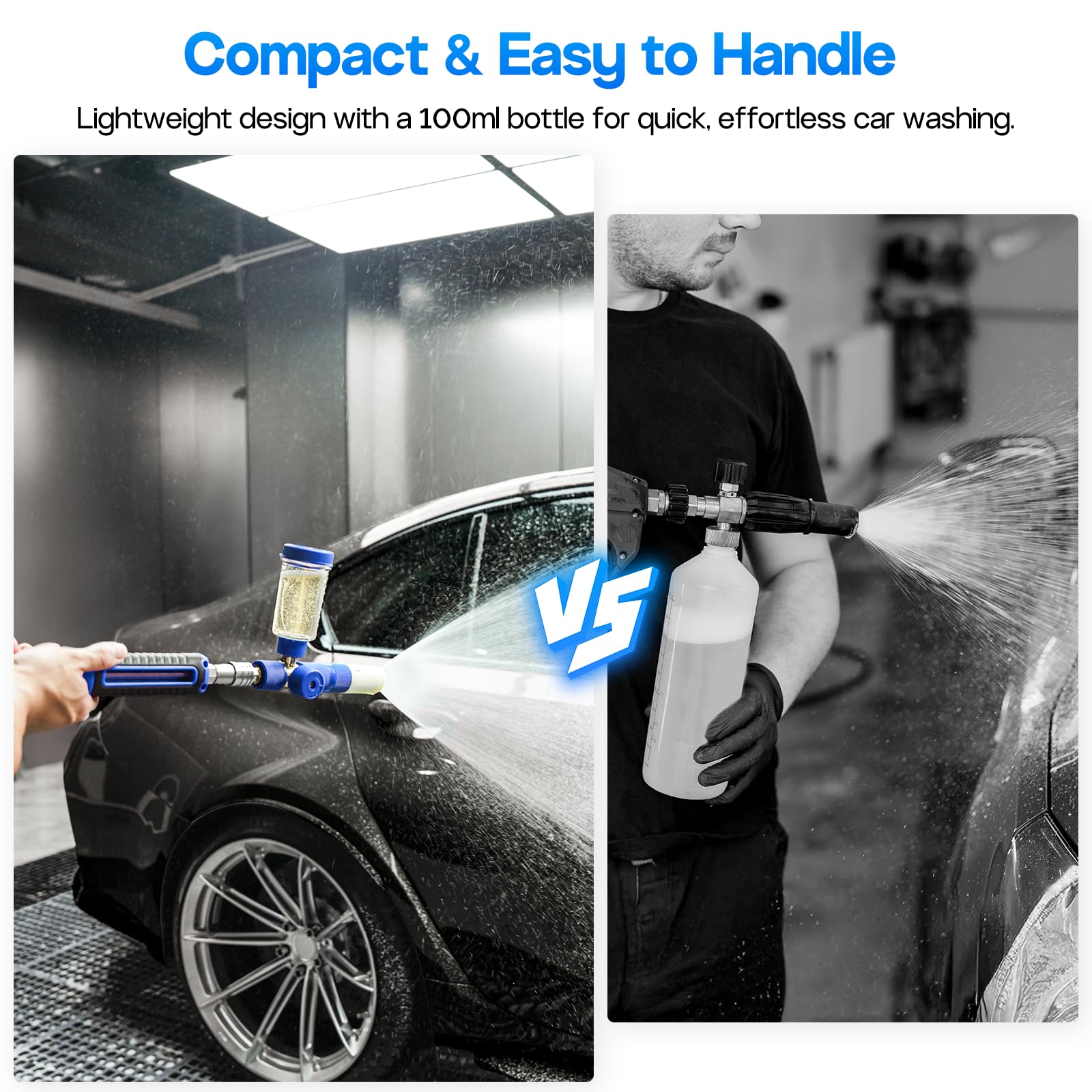 VIGORSHINE setup beside a pressure washer shows easy wash workflow.