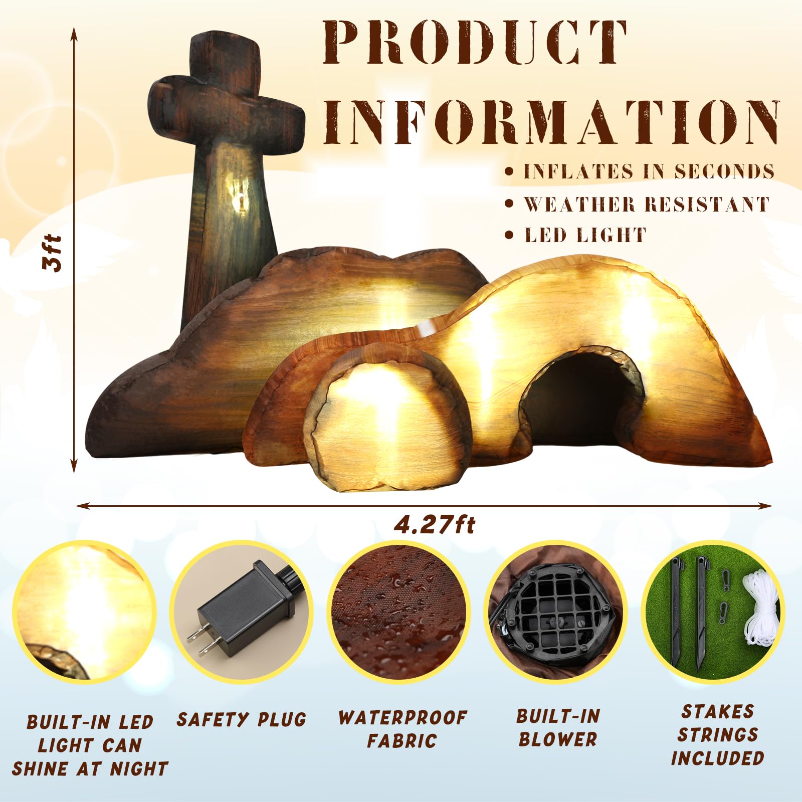 VIHOSE 4ft inflatable tomb cross glowing for yard display