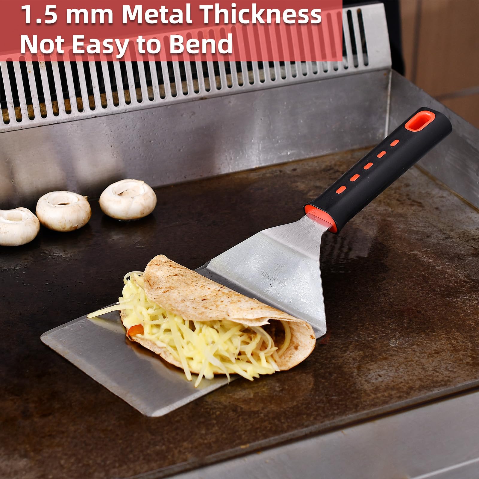 VIKEYHOME long spatula provides precise flipping and transfer.