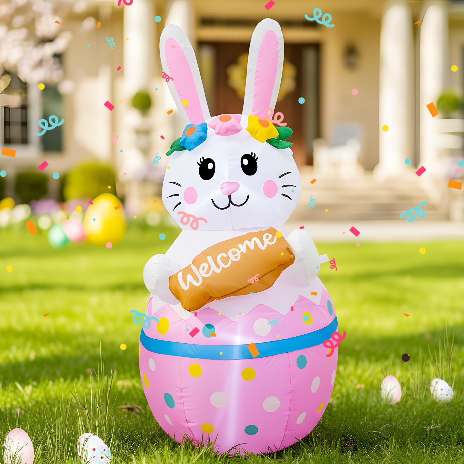 VIKIMORA 4FT candy bunny inflatable with LED glow for festive outdoor Easter decor.