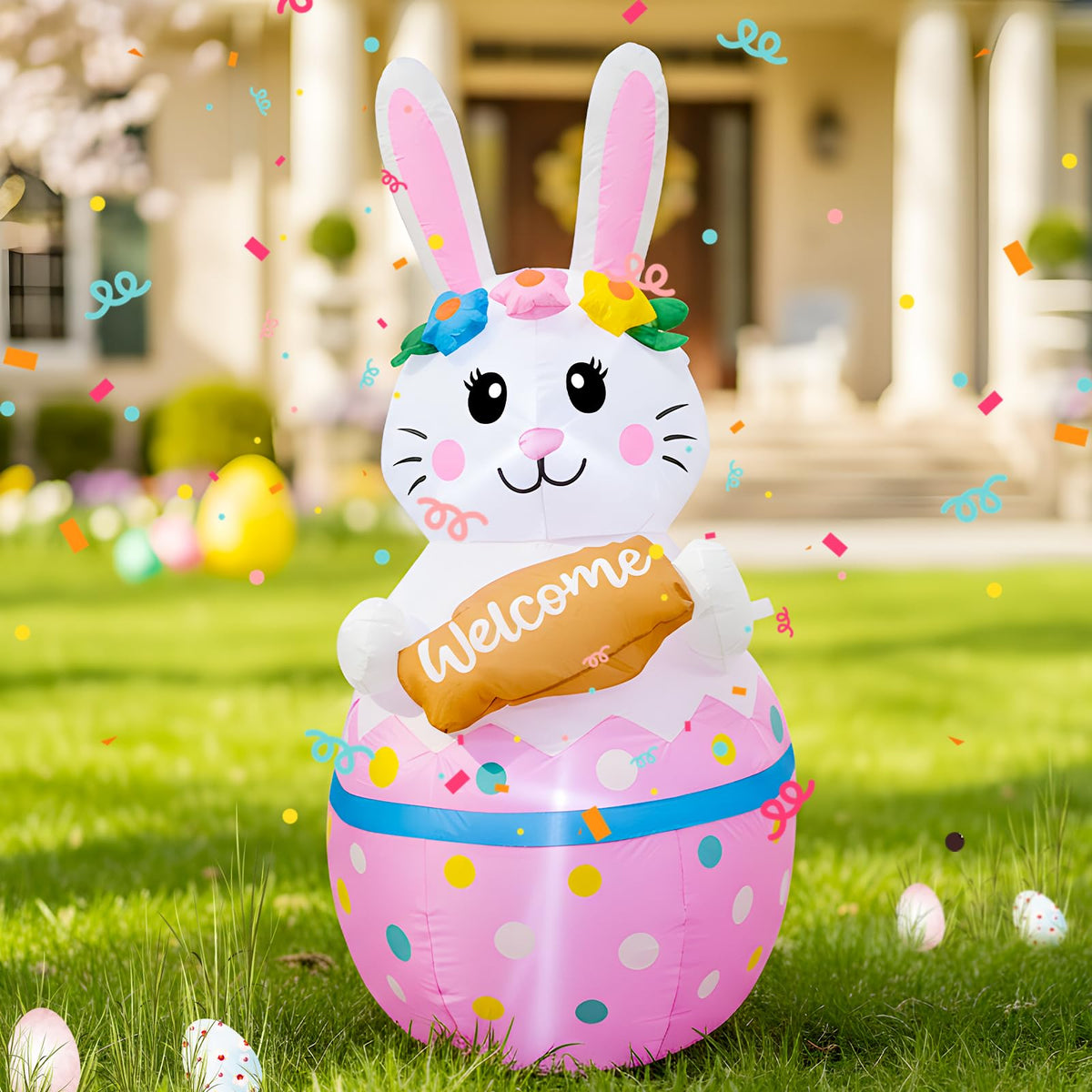 VIKIMORA 4FT candy bunny inflatable with LED glow for festive outdoor Easter decor.