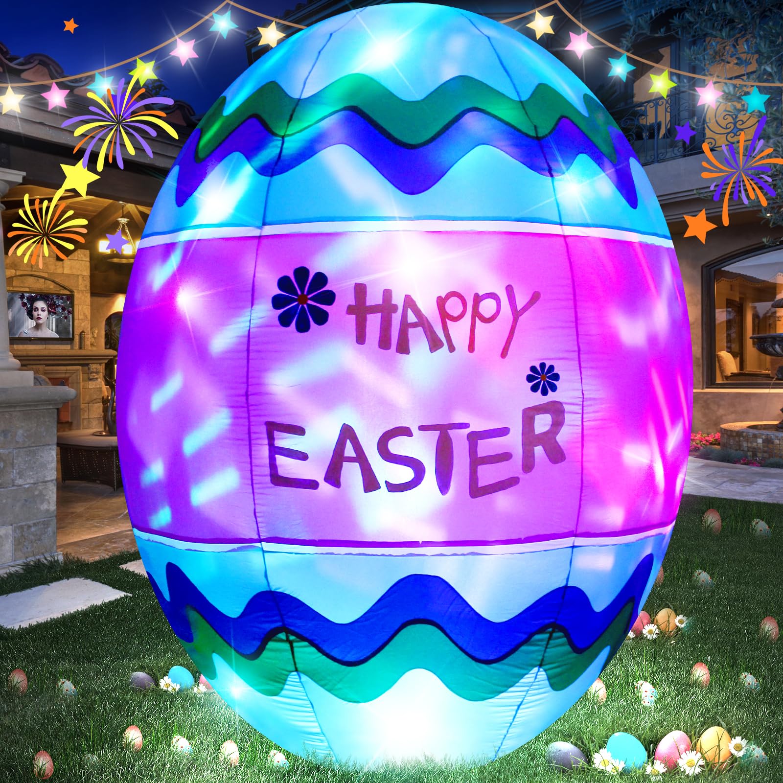 VIKIMORA 6FT Easter Egg inflatable with LED lights brightens outdoor celebrations.