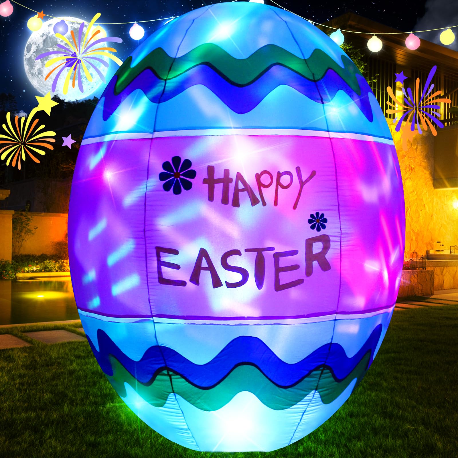 VIKIMORA Easter Egg inflatable includes stakes and sandbags to secure against breezes.