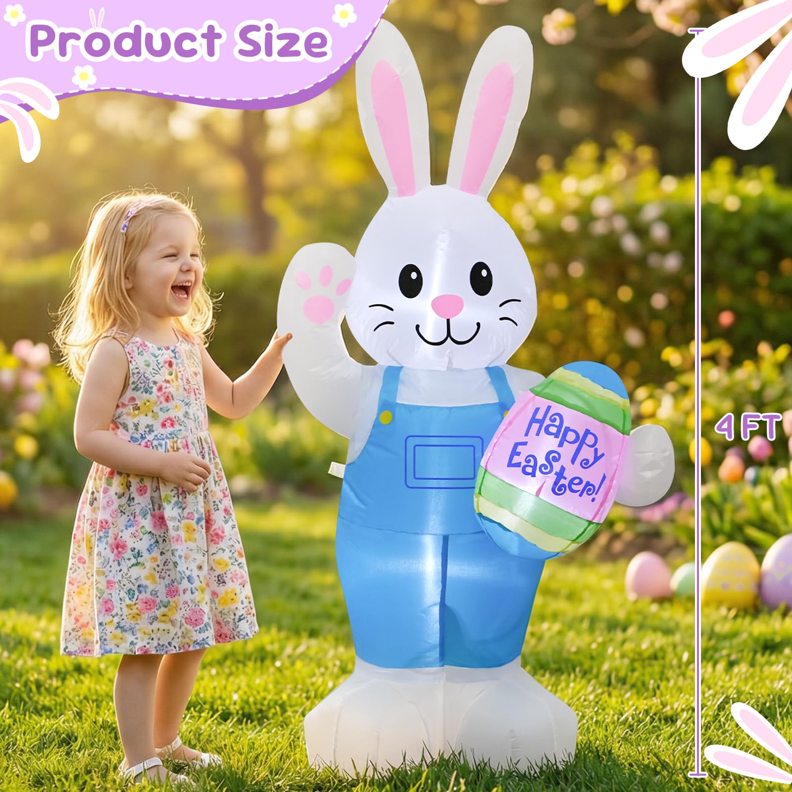 VIKIMORA Easter Bunny inflatable with LED lights brightens nighttime garden decor.