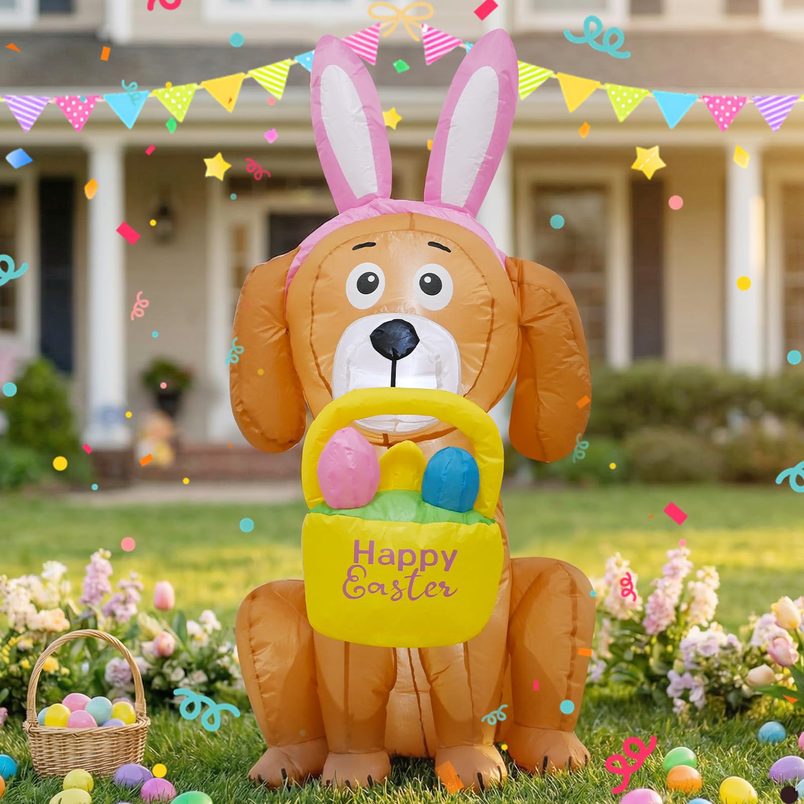 VIKIMORA Easter inflatable dog with LED lights for bright outdoor yard display.
