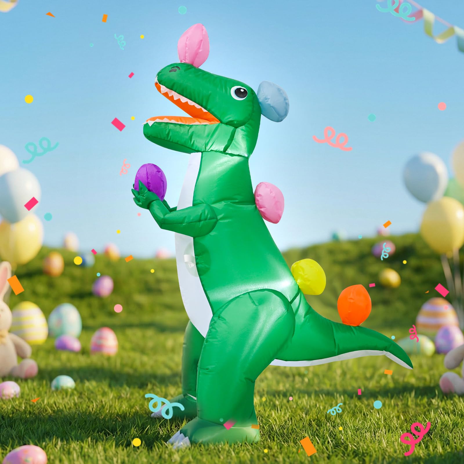 VIKIMORA inflatable dinosaur kept upright with included sandbags for stable setups.