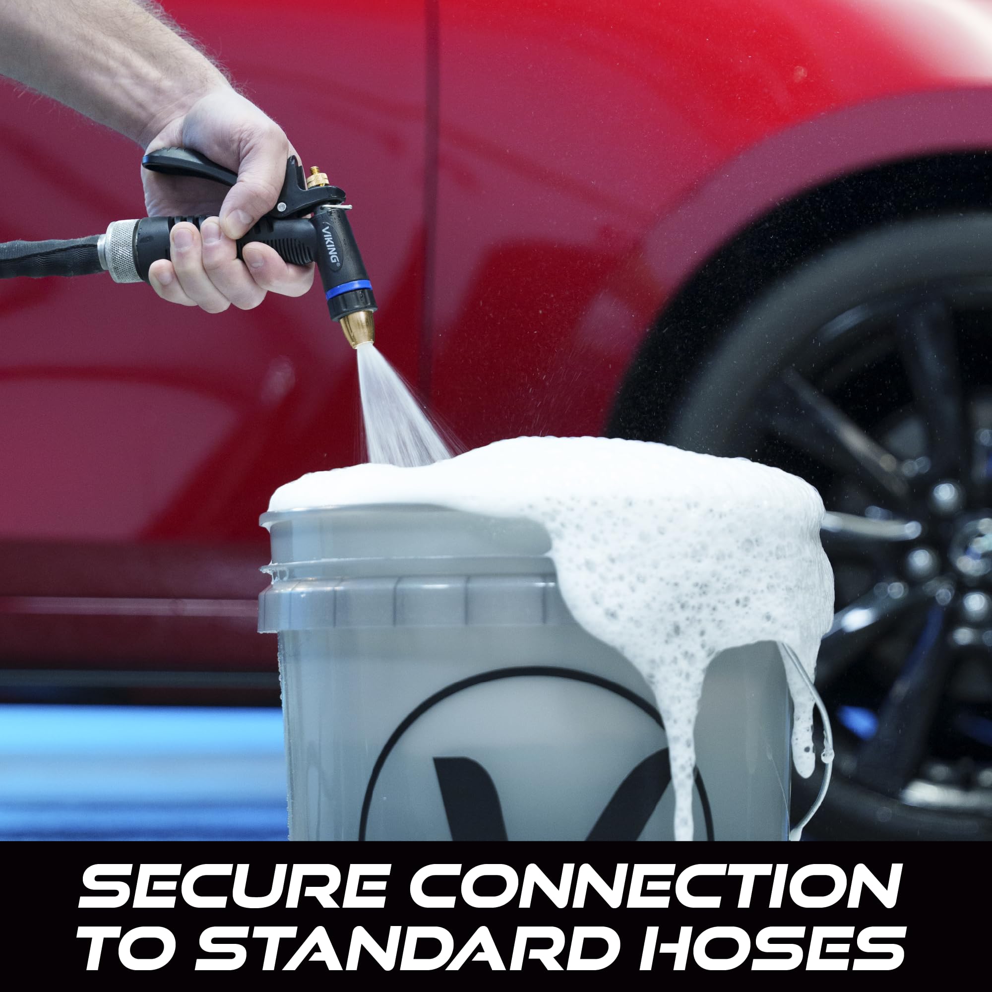 VIKING hose nozzle car wash setup for efficient exterior cleaning.