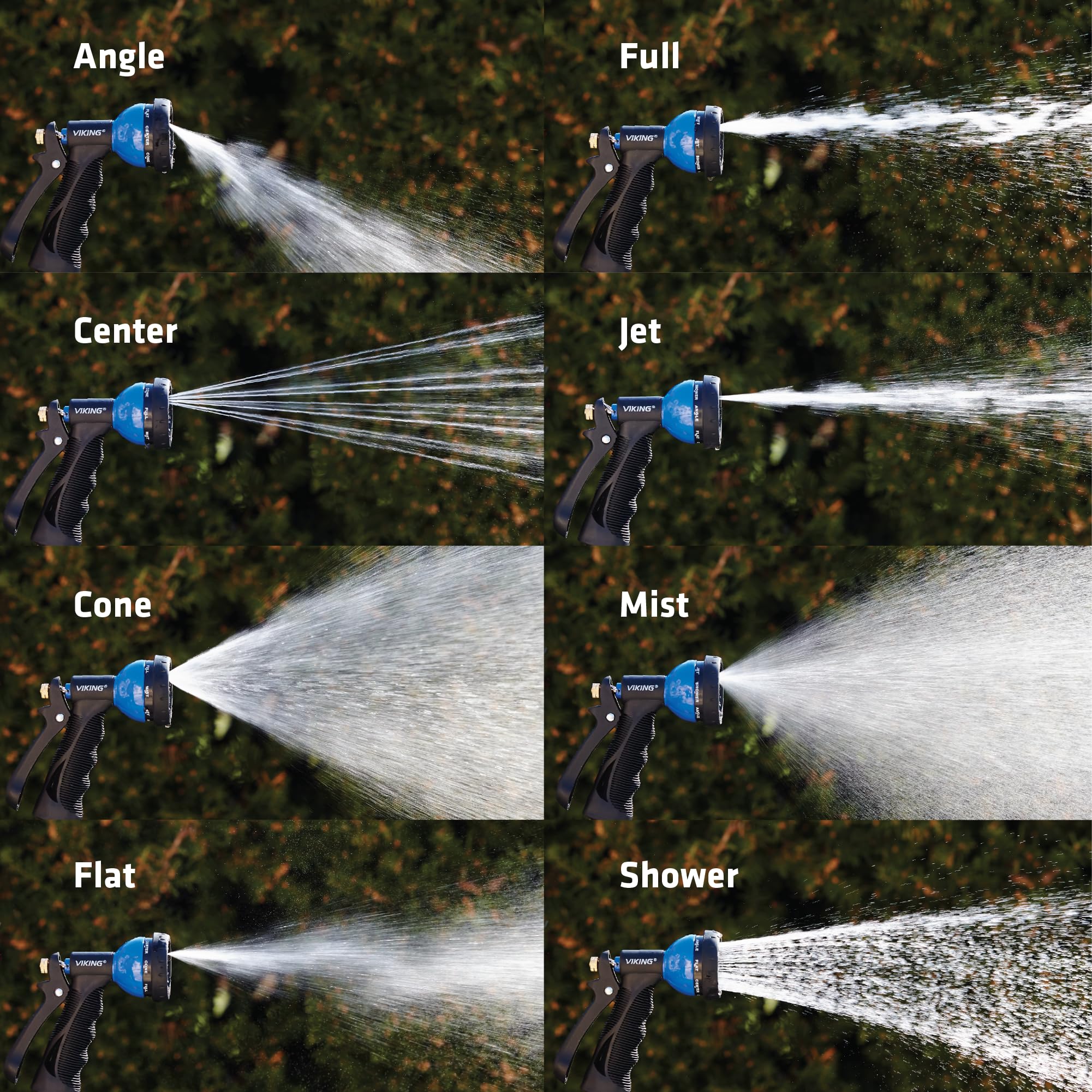 Heavy-duty construction of VIKING hose nozzle withstands regular outdoor use.