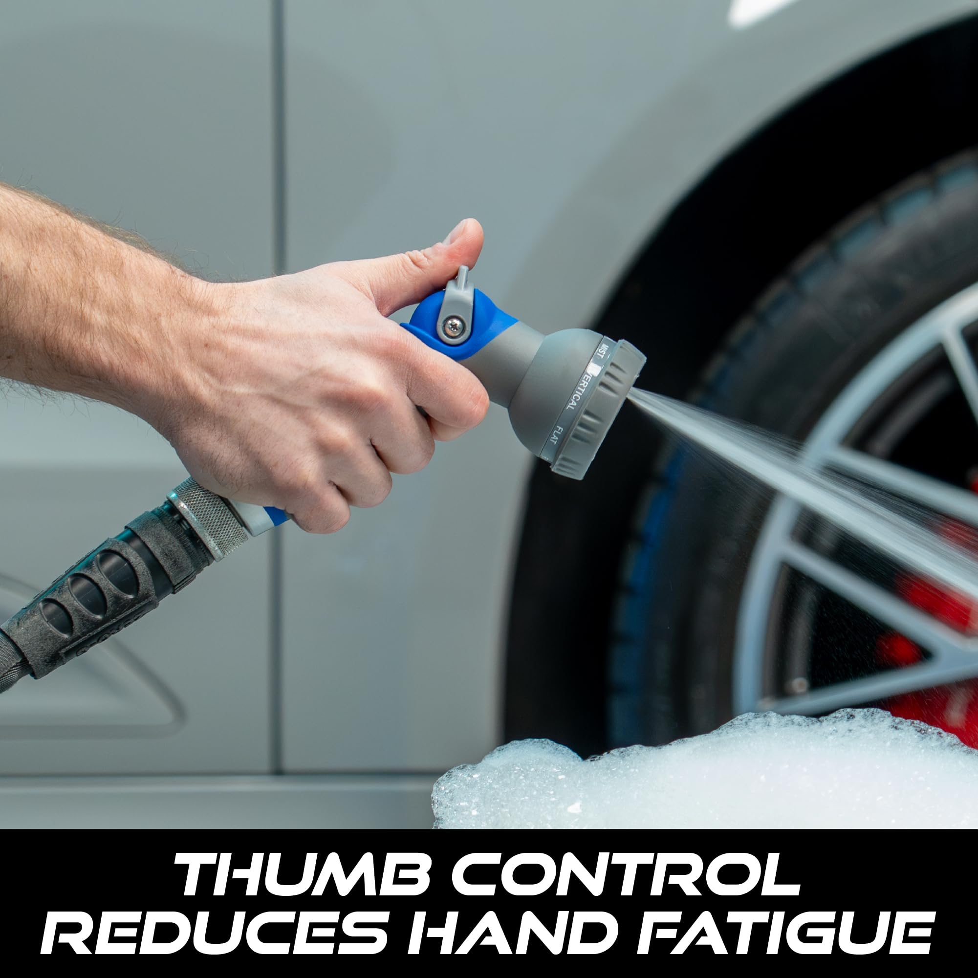 VIKING hose nozzle attached to a standard hose for quick outdoor tasks.