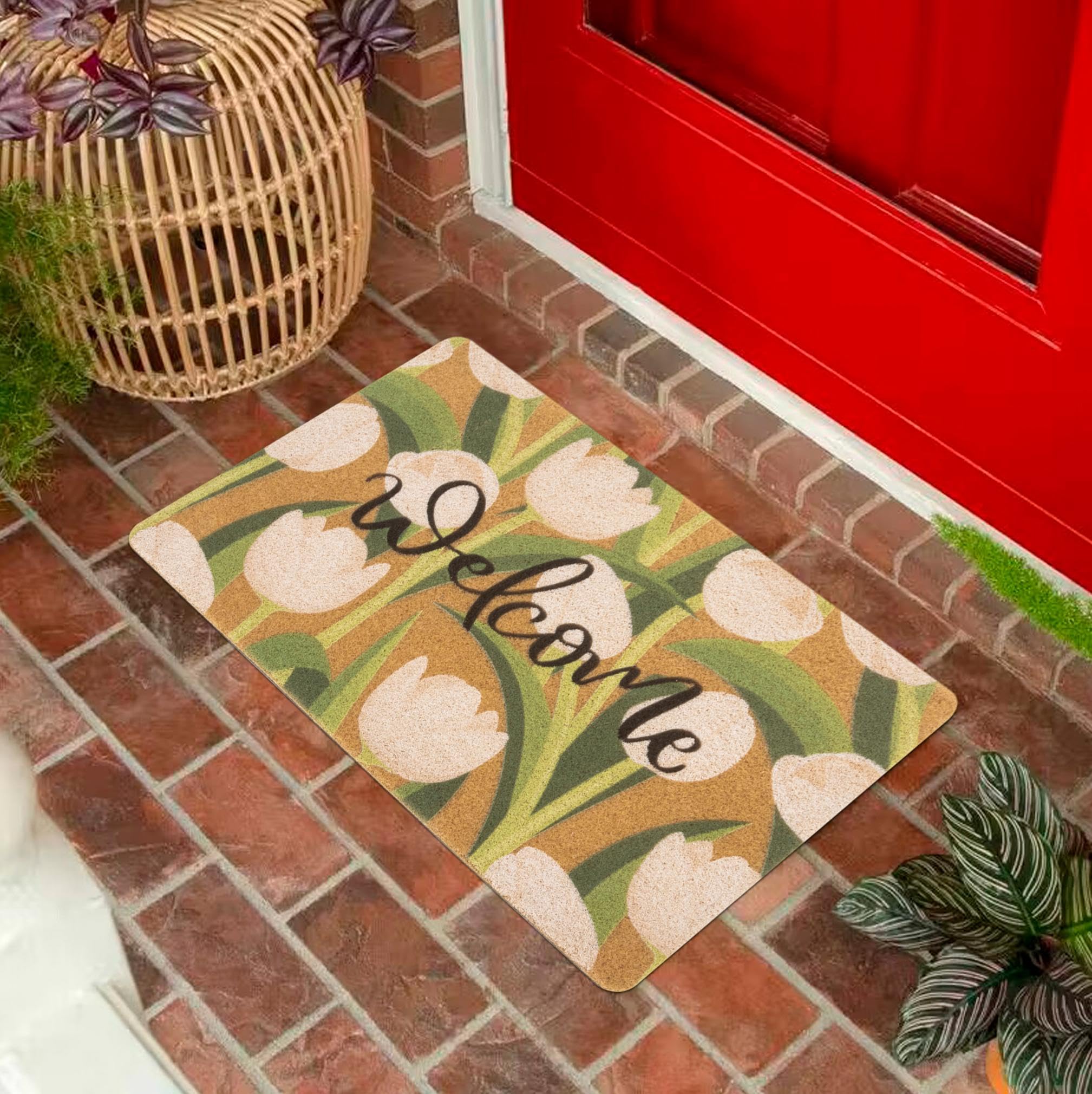 Vikodah outdoor doormat with floral motif adds seasonal curb appeal.