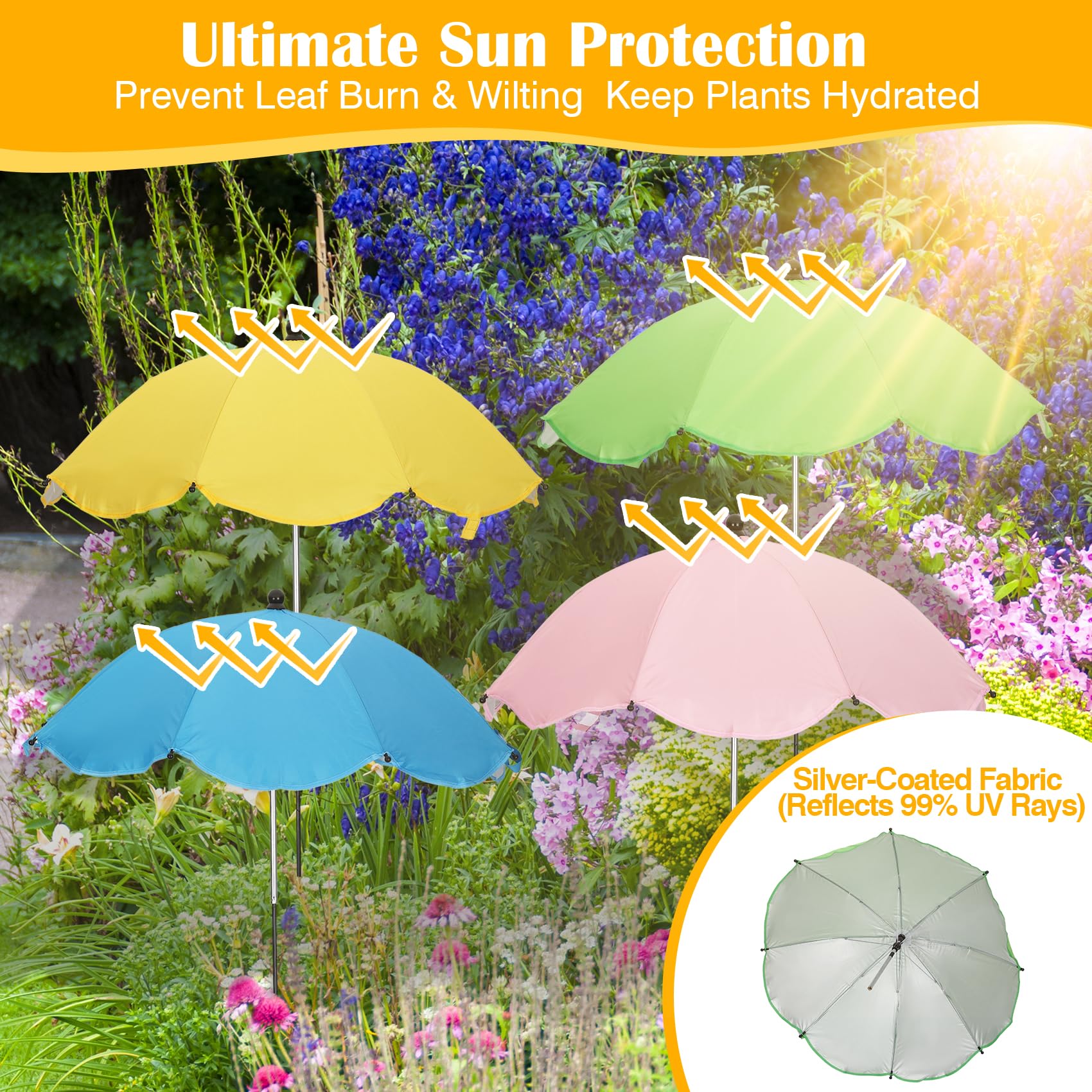 Vikua plant umbrella tilted at 360-degree angle for flexible shade