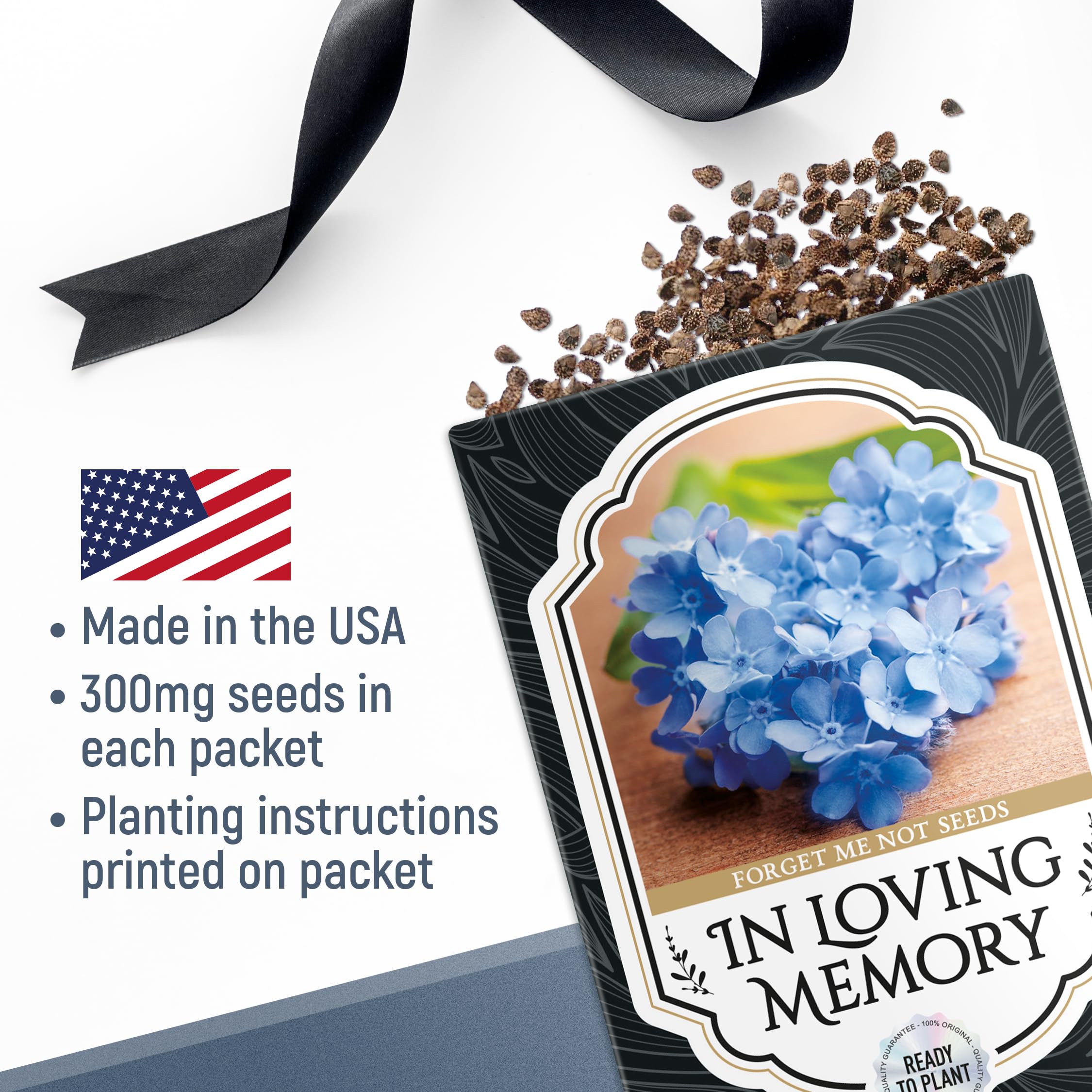 Vimtoba Forget Me Not seed packet back with poem, comforting remembrance message.