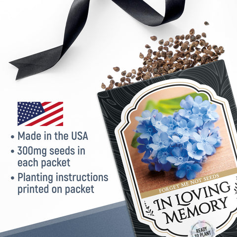 Vimtoba Forget Me Not seed packet back with poem, comforting remembrance message.