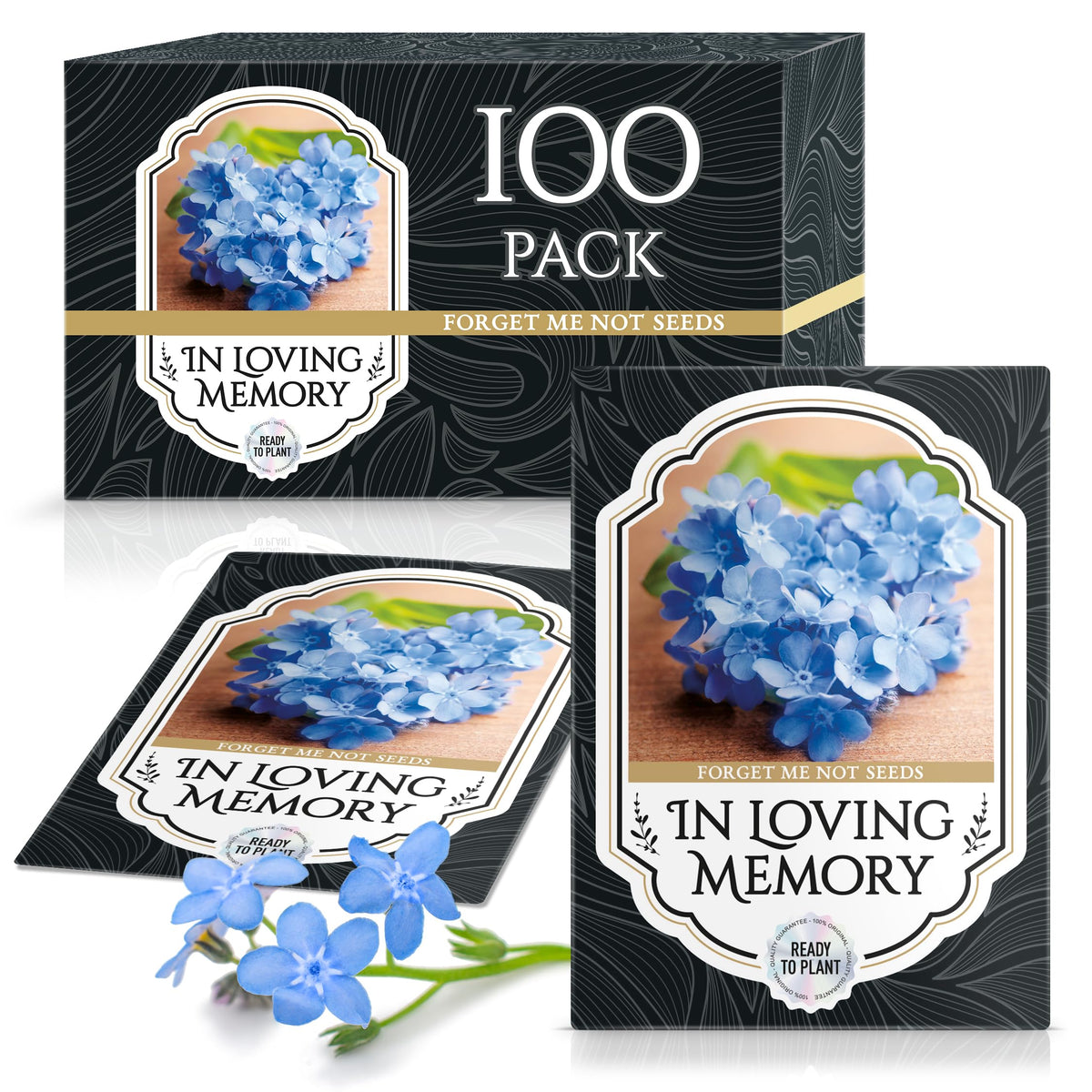 Vimtoba Forget Me Not seed packet front view, ideal funeral favor for remembrance.