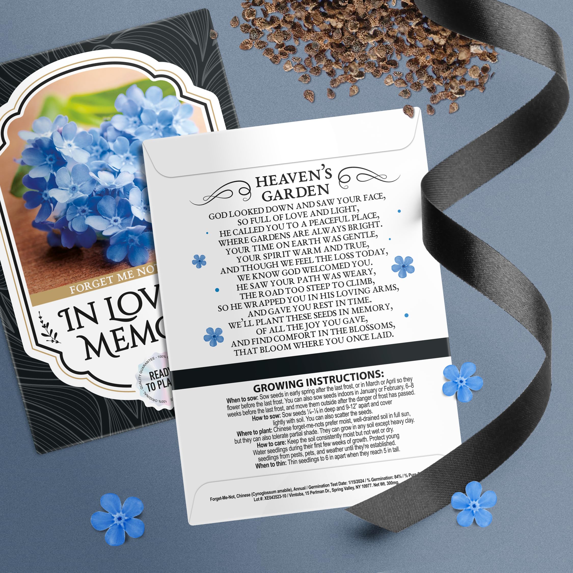 Vimtoba Forget Me Not seed packet with planting instructions, simple home garden tribute.
