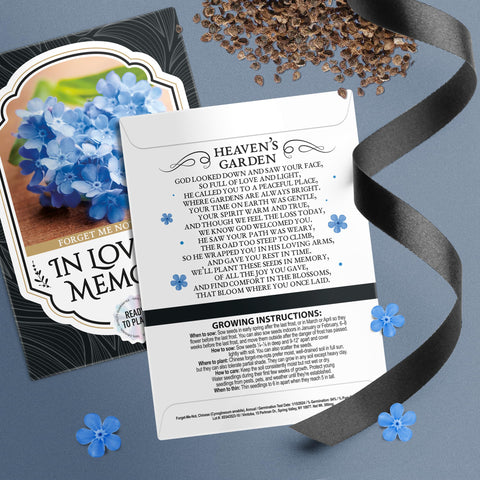 Vimtoba Forget Me Not seed packet with planting instructions, simple home garden tribute.