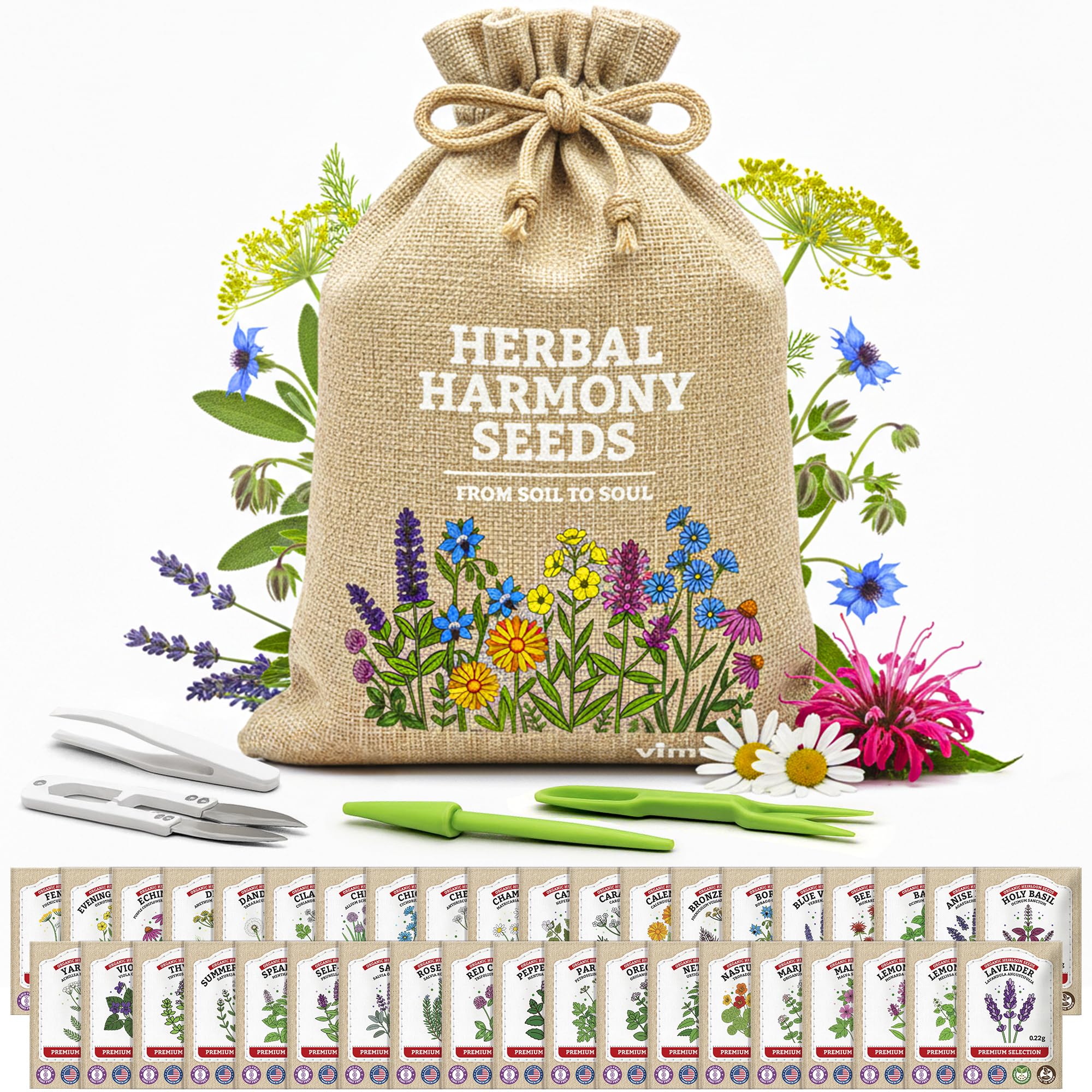 Vimtoba medicinal herbs pack in burlap bag, ideal as a thoughtful gardening gift.