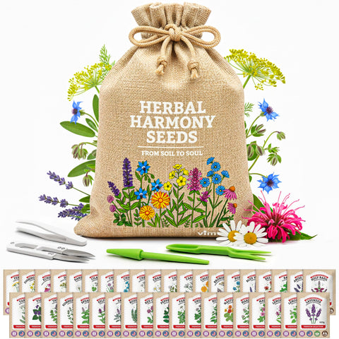 Vimtoba medicinal herbs pack in burlap bag, ideal as a thoughtful gardening gift.