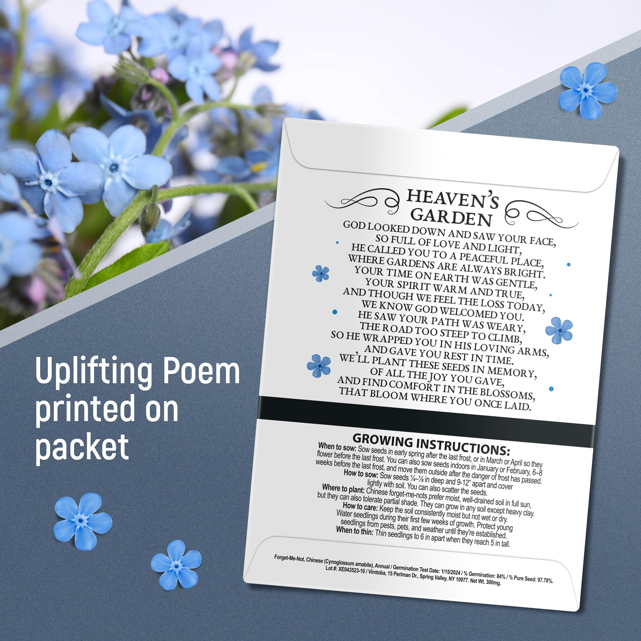 Vimtoba funeral favor packaging featuring blue blooms and symbolic memory.