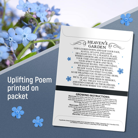 Vimtoba funeral favor packaging featuring blue blooms and symbolic memory.
