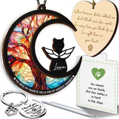 Vinatimes 6-inch cat memorial suncatcher with personalized name inscription in the window.