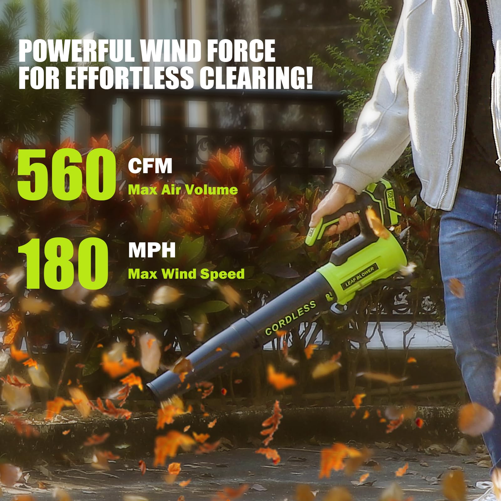 Vinchest leaf blower showing 560 CFM and 180 MPH power for tough debris
