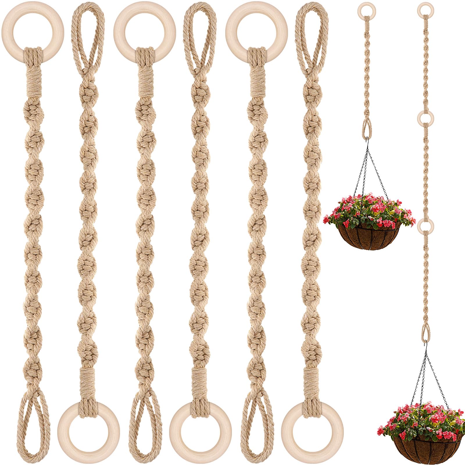 Vincreem macrame hanger extender with wooden ring demonstrates connectable versatility for plant displays.