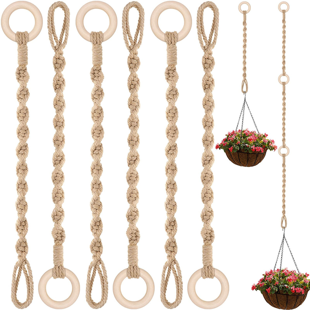 Vincreem macrame hanger extender with wooden ring demonstrates connectable versatility for plant displays.