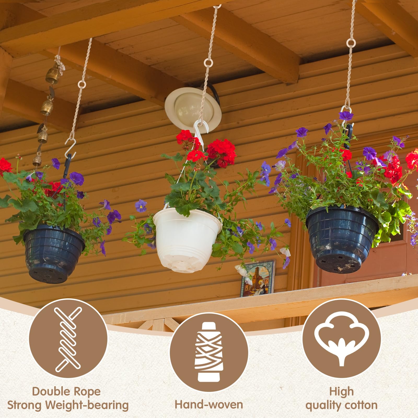 Vincreem 6-pack macrame extenders enable indoor and outdoor plant arrangements.