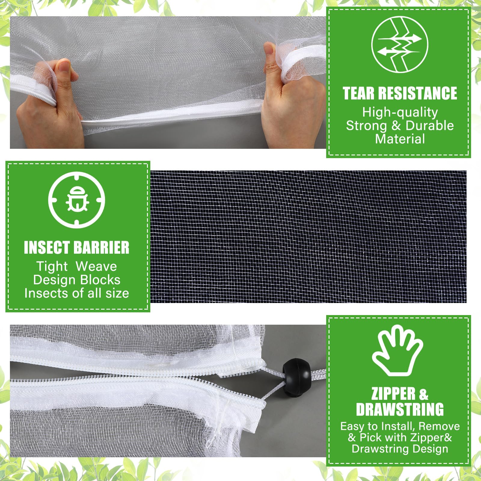 Vincreem netting with zipper and drawstring enables quick garden access.