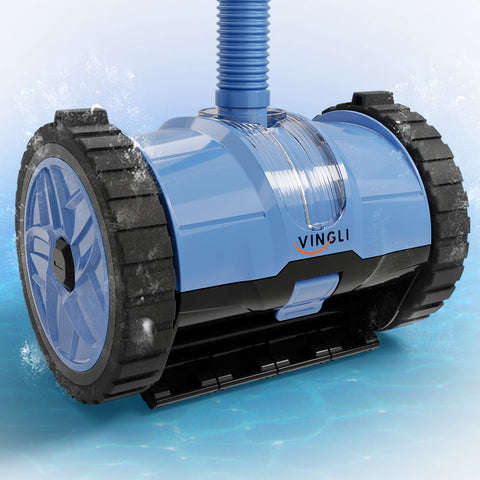 VINGLI automatic suction-side pool vacuum cleaner front view in blue-gray showing deep-cleaning capability
